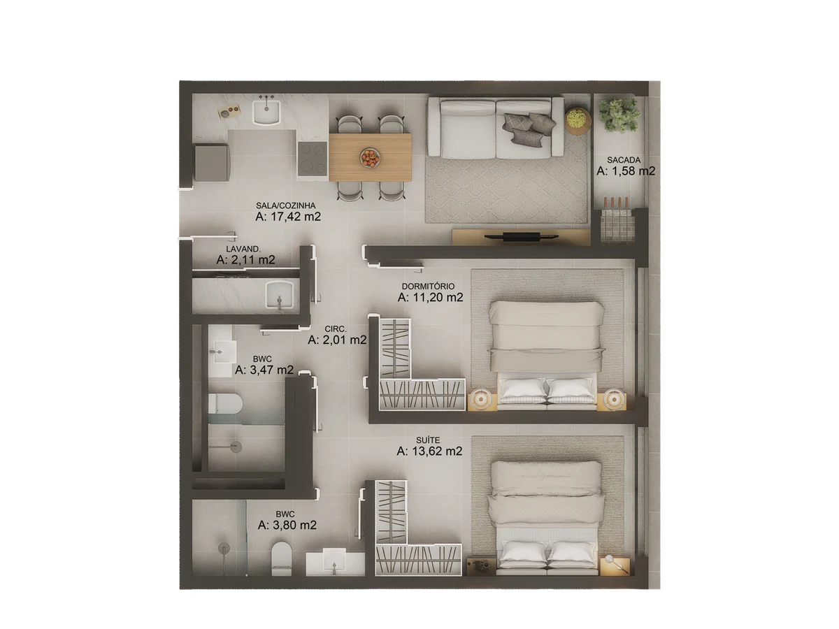 Planta humanizada da tipologia 2 dormitórios, 65,75 m² privativos, 2º pavimento do Origem Jurerê
