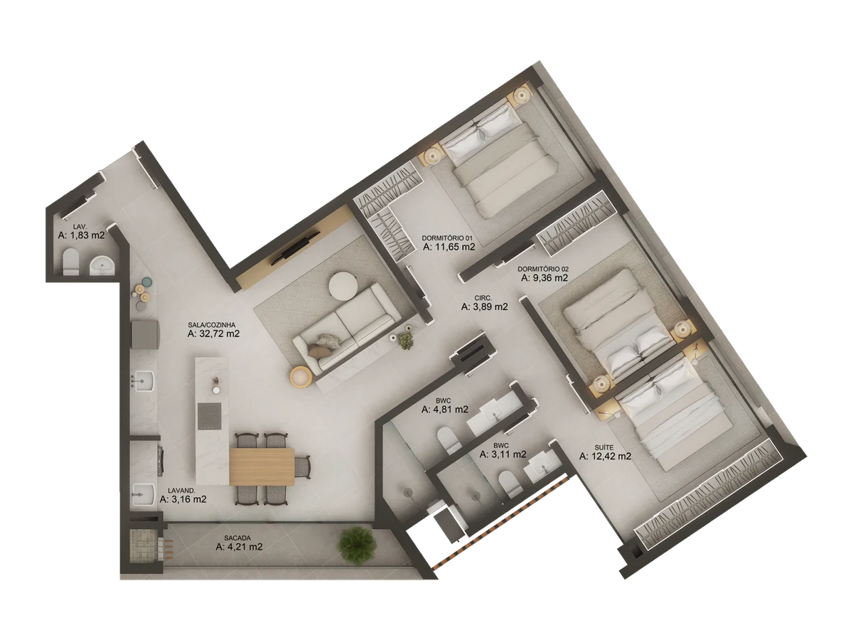 Planta humanizada da tipologia 3 dormitórios, 102,03 m² privativos, 3º pavimento do Origem Jurerê