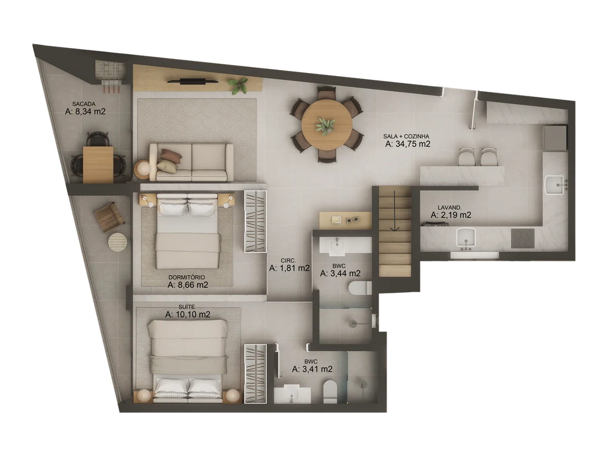Planta humanizada da tipologia 4 dormitórios, duplex, 117,20 m² privativos, 4º pavimento do Origem Jurerê