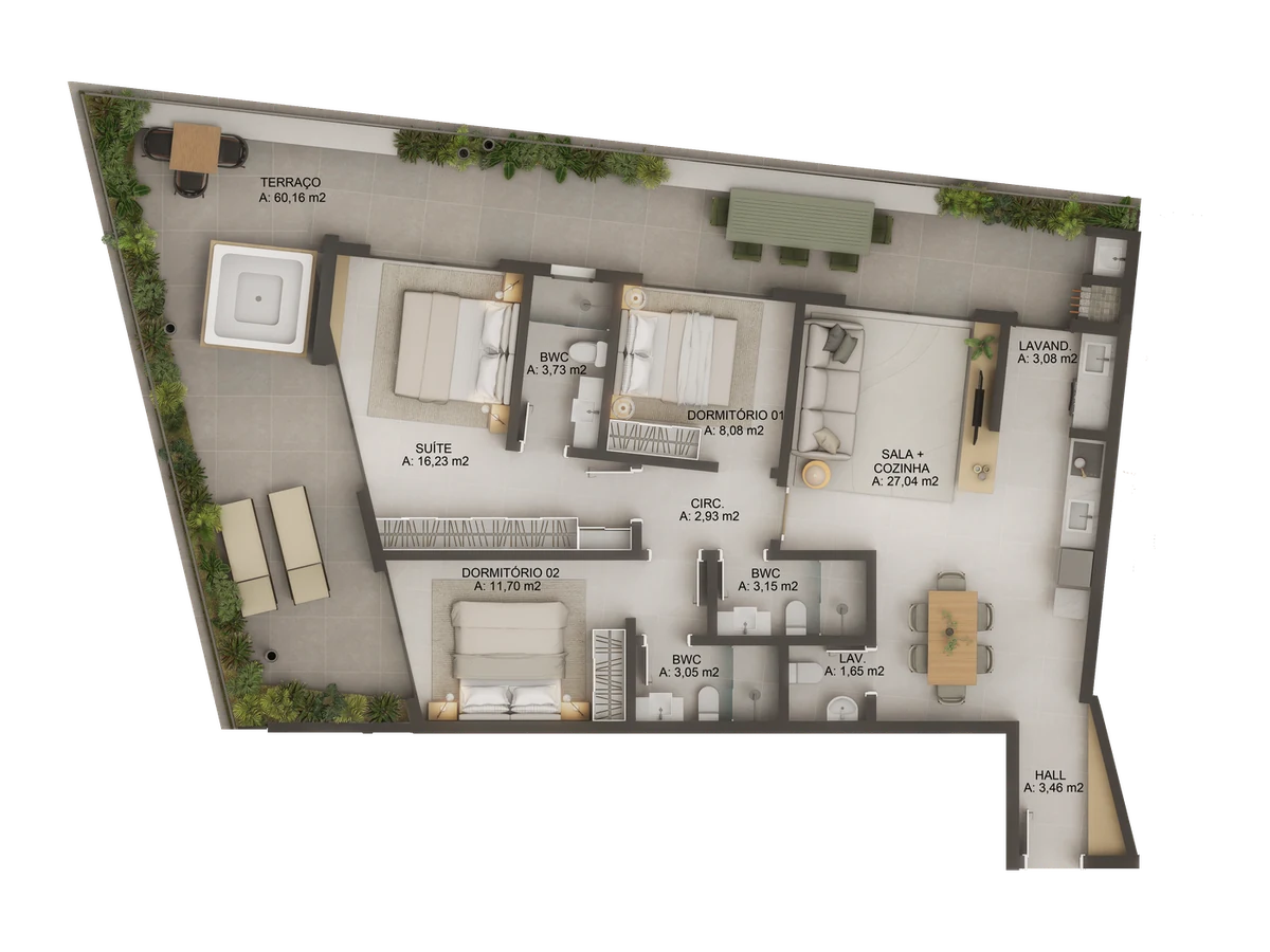 Planta humanizada da tipologia Cobertura, 162,74 m² privativos, Cobertura do Origem Jurerê